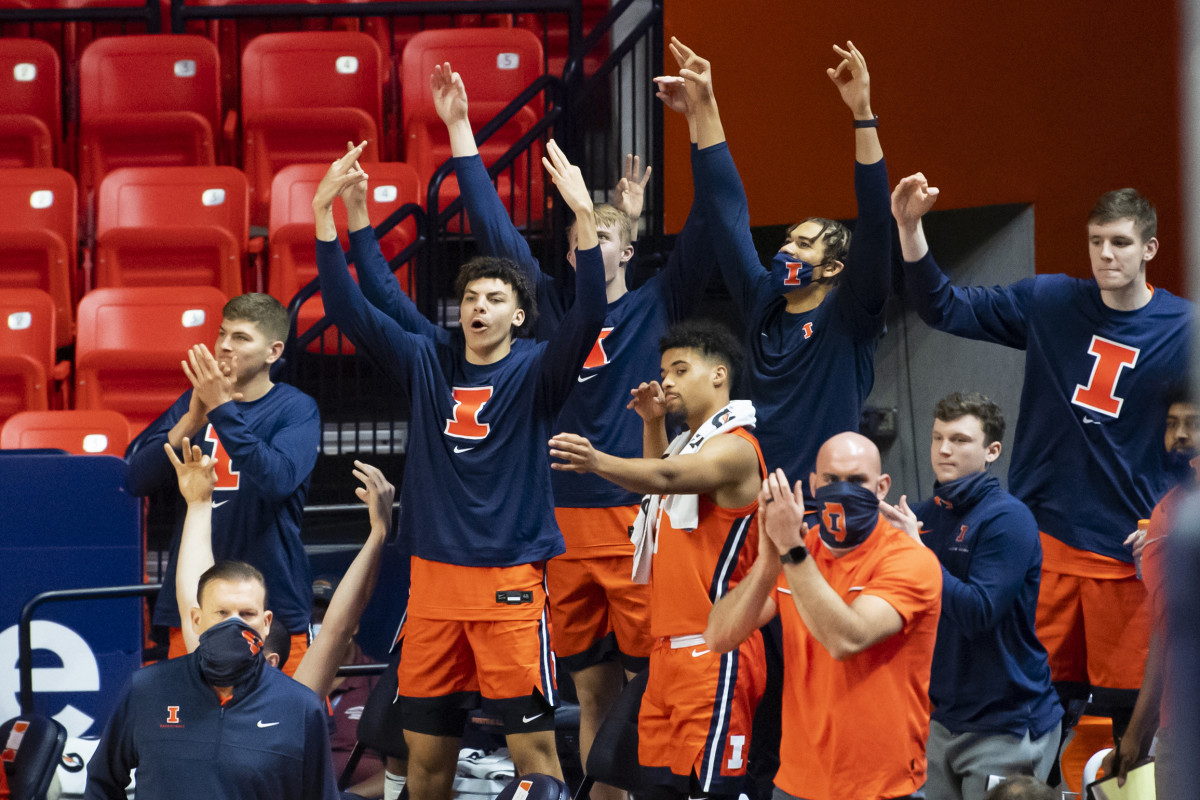 Illinois Fighting Illini bench celebrates Illinois Fighting Illini guard Trent Frazier s (not pictured) three point shot during the first half against the Chicago State Cougars at the State Farm Center.