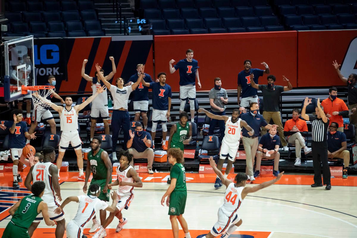 Illinois Fighting Illini guard Da'Monte Williams (20) hits a three point shot during the second half against the Ohio Bobcats at the State Farm Center.
