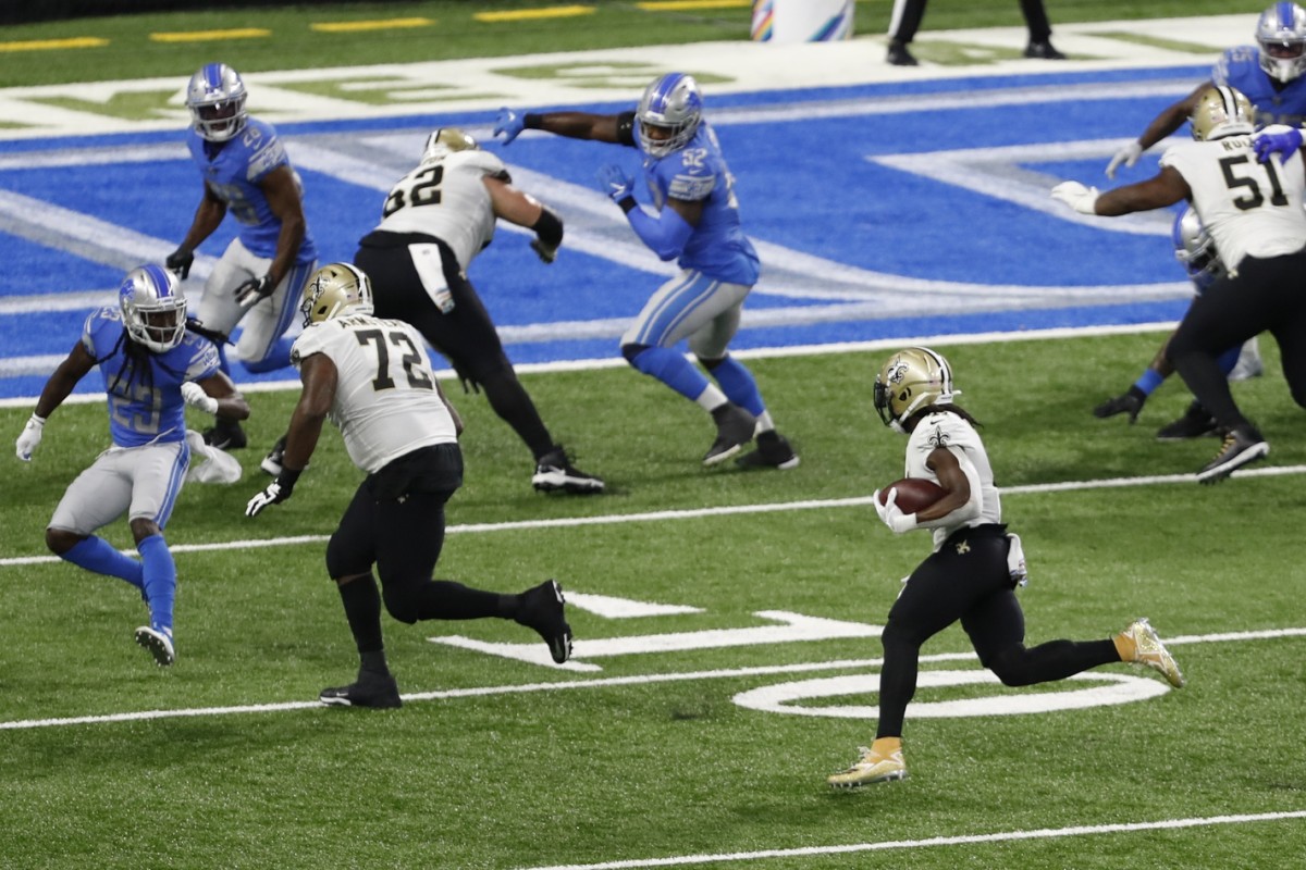 Oct 4, 2020; Detroit, Michigan, USA; New Orleans Saints running back Alvin Kamara (41) runs the ball against the Detroit Lions during the second quarter at Ford Field. Mandatory Credit: Raj Mehta-USA TODAY 
