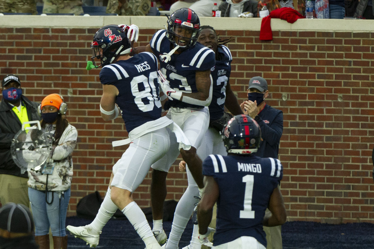 Mississippi Rebels wide receiver Braylon Sanders (13) celebrates with teammates after scoring a touchdown during the first half against the Mississippi State Bulldogs at Vaught-Hemingway Stadium. Mandatory Credit: Justin Ford-USA TODAY Sports