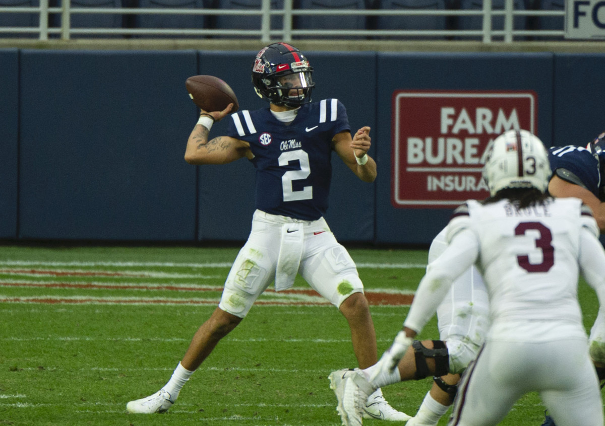 Mississippi Rebels quarterback Matt Corral (2) passes the ball against the Mississippi State Bulldogs during the first half at Vaught-Hemingway Stadium. Mandatory Credit: Justin Ford-USA TODAY Sports