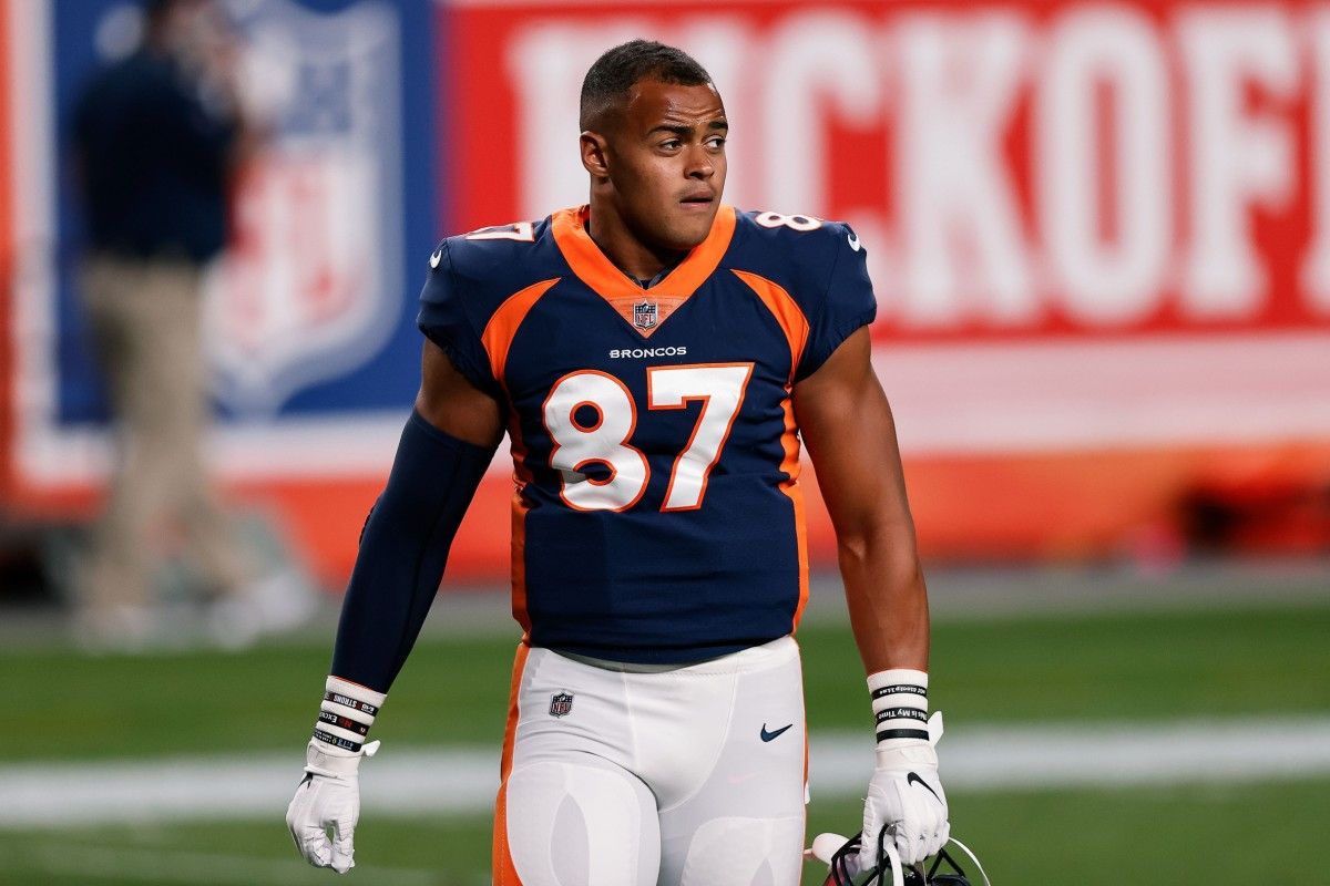 Denver Broncos tight end Noah Fant (87) before the game against the Tennessee Titans at Empower Field at Mile High.
