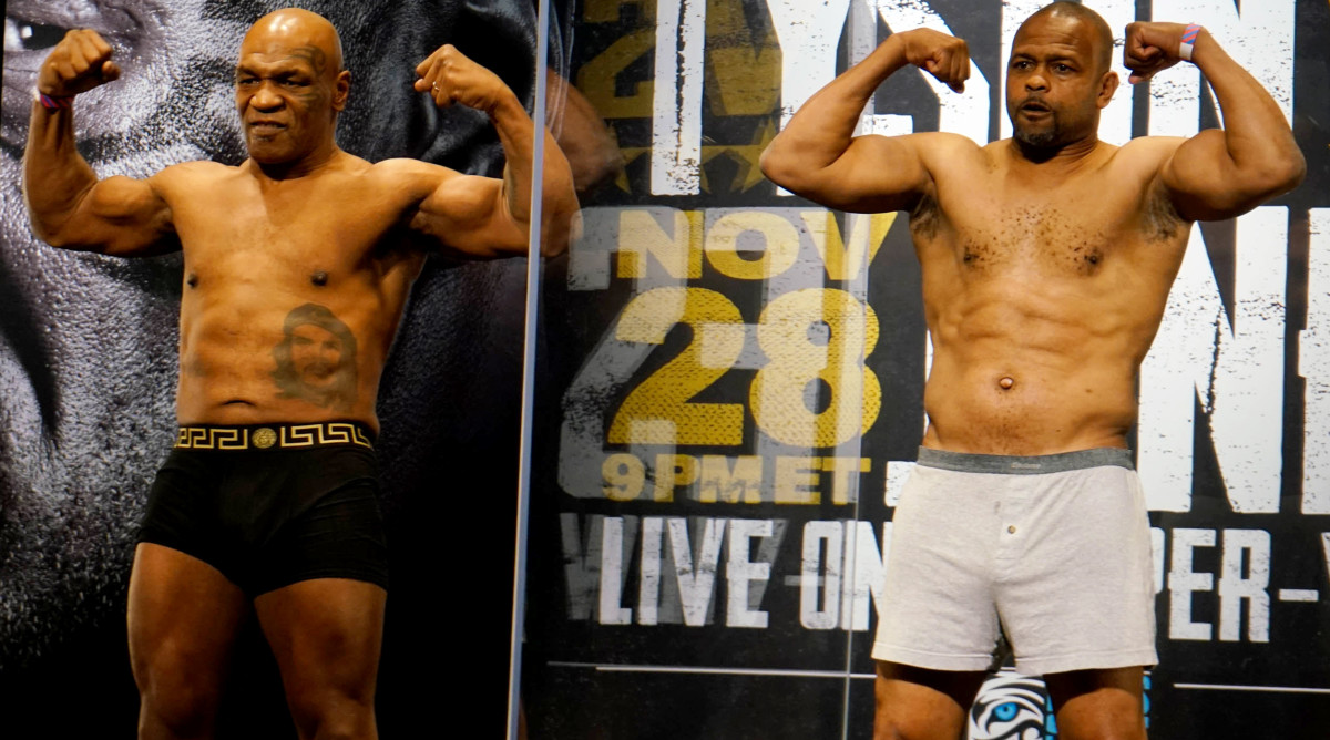 Nov 27, 2020; Los Angeles, CA, USA;  Mike Tyson and Roy Jones, Jr. during weigh ins for a heavyweight exhibition boxing bout for the WBC Frontline Belt in Los Angeles.