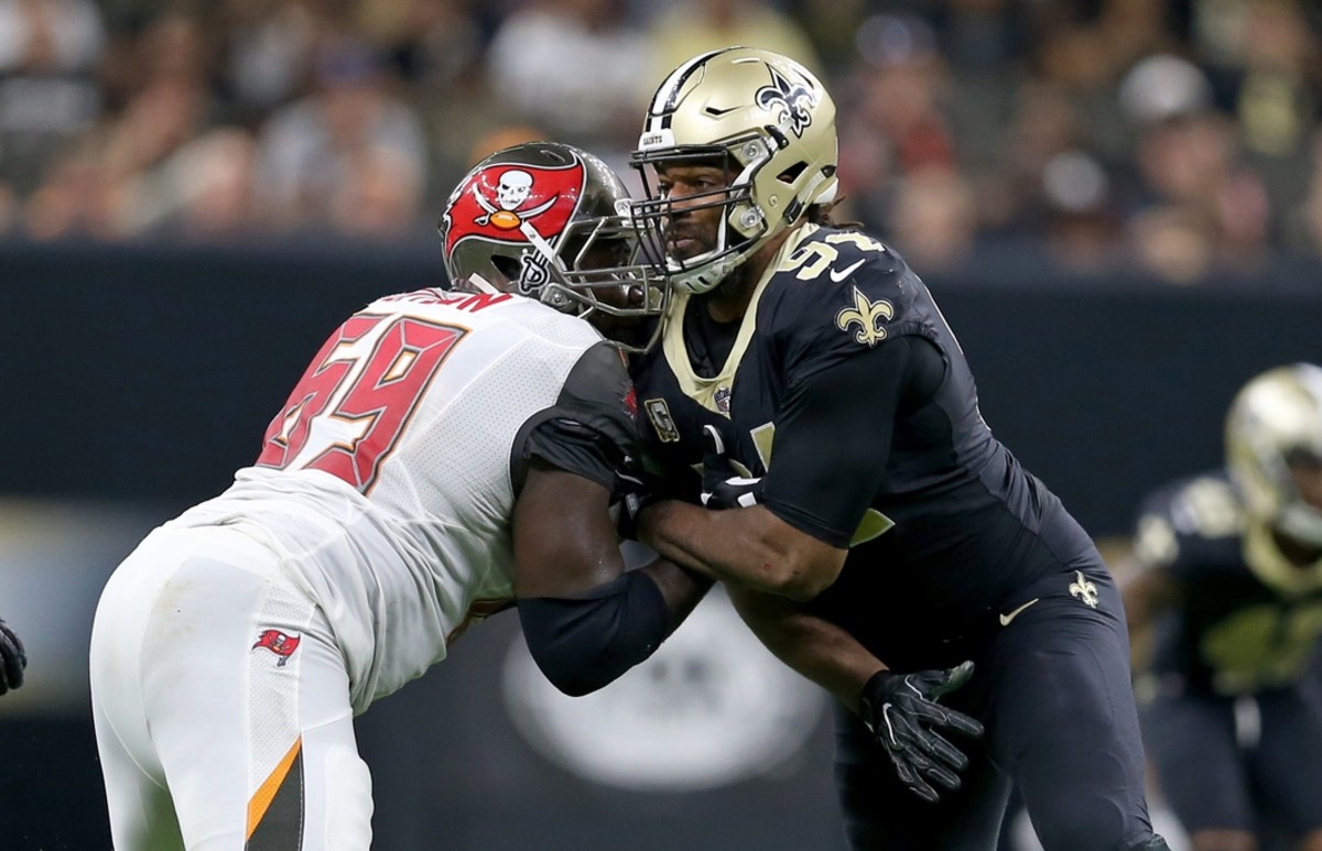 Nov 5, 2017; New Orleans, LA, USA; New Orleans Saints defensive end Cameron Jordan (94) is blocked by Tampa Bay Buccaneers offensive tackle Demar Dotson (69) in the second half at the Mercedes-Benz Superdome. The Saints won, 30-10. Mandatory Credit: Chuck Cook-USA TODAY 