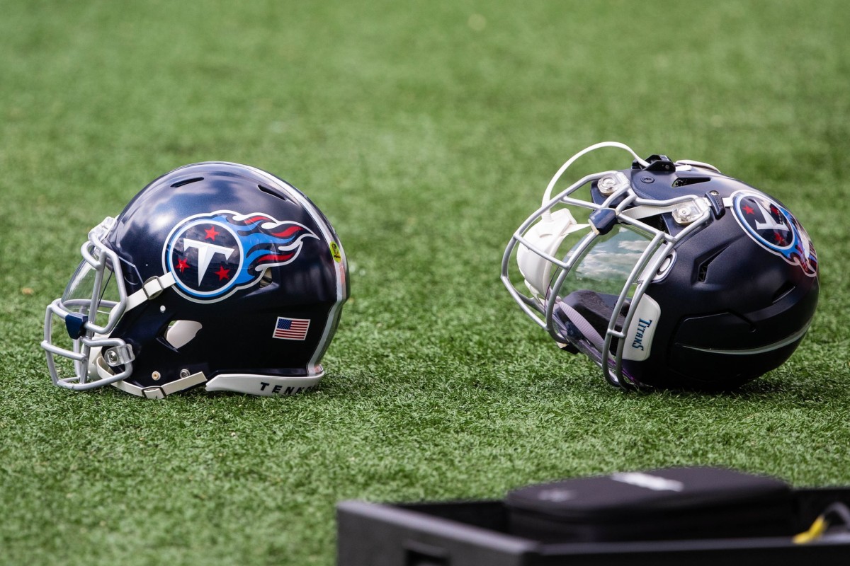 Tennessee Titans helmets on the field before a game against the Philadelphia Eagles at Lincoln Financial Field.