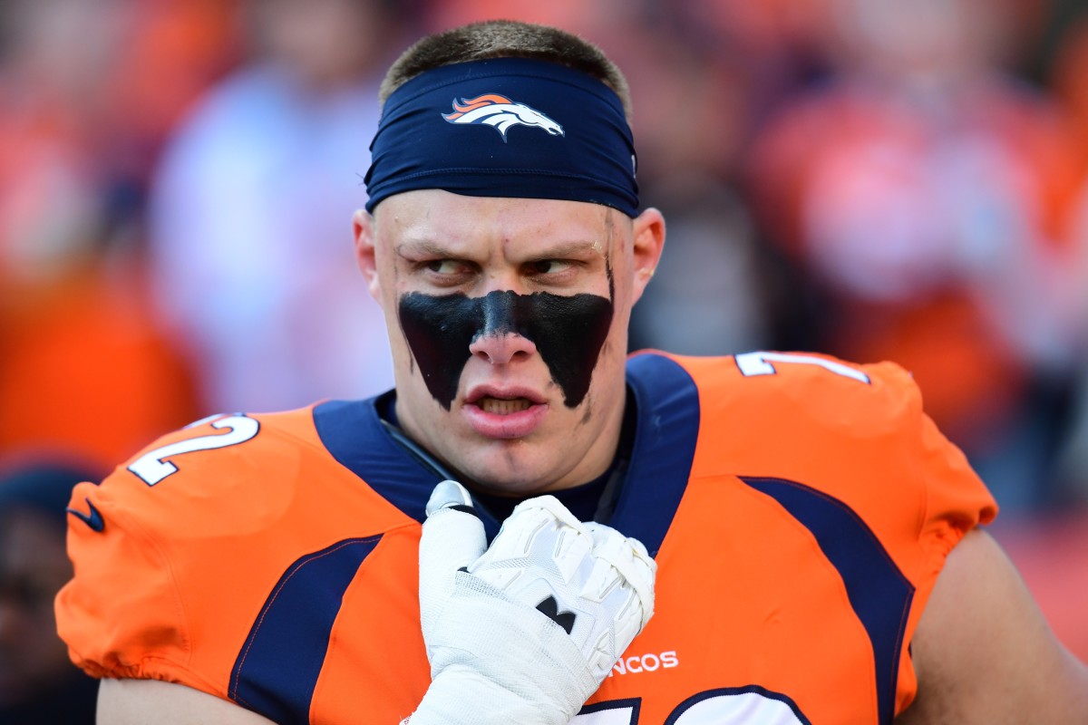 Dec 29, 2019; Denver, Colorado, USA; Denver Broncos offensive tackle Garett Bolles (72) before the game against the Oakland Raiders at Empower Field at Mile High.