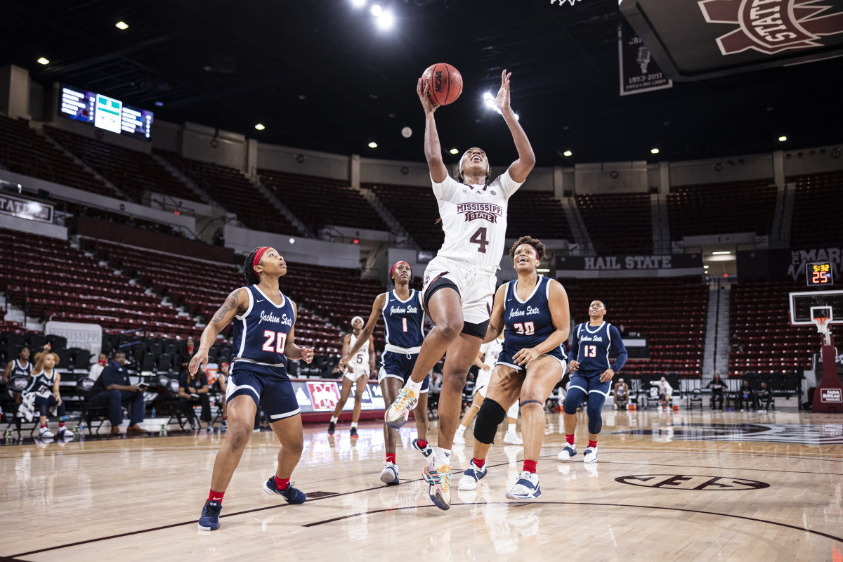 Mississippi State forward Jessika Carter (4) notched a double-double on Wednesday with 23 points and 10 rebounds agasint New Orleans. (File photo courtesy of Mississippi State athletics)