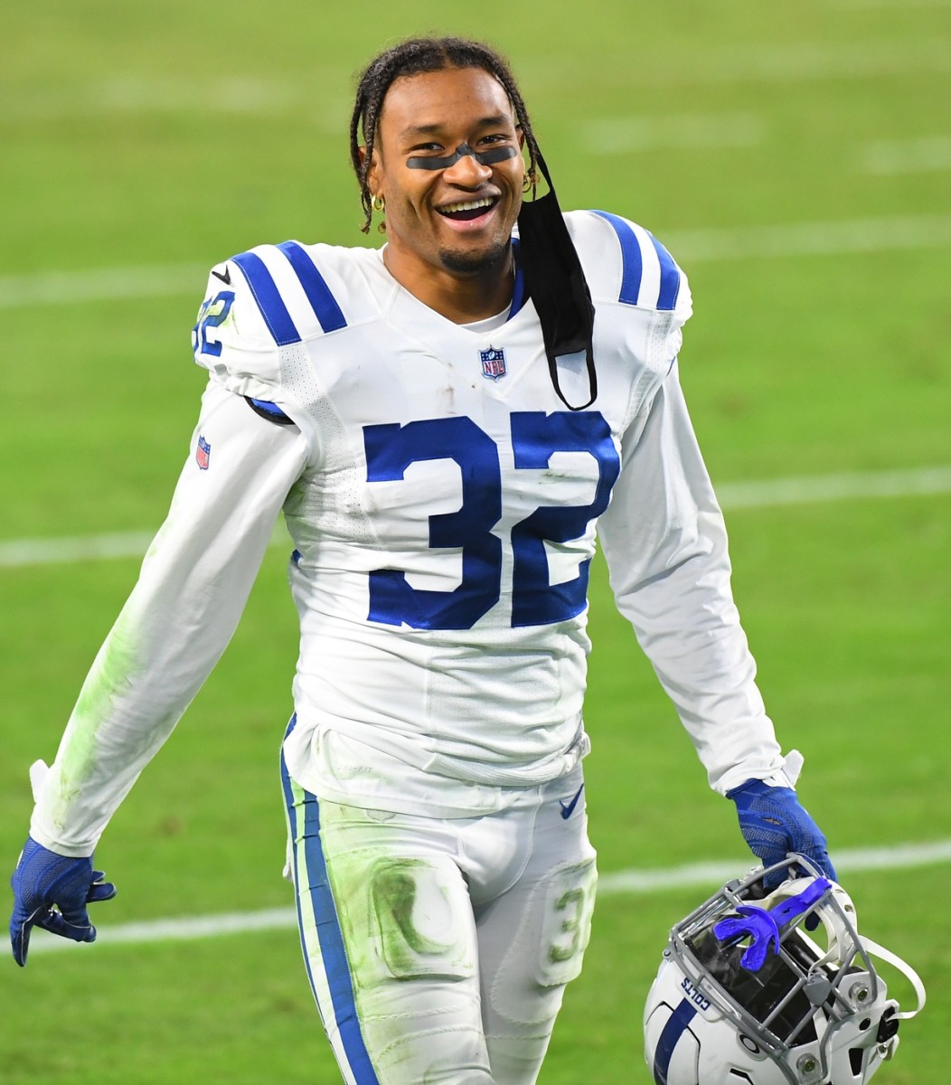 Nov 12, 2020; Nashville, Tennessee, USA; Indianapolis Colts free safety Julian Blackmon (32) after a win against the Tennessee Titans at Nissan Stadium.