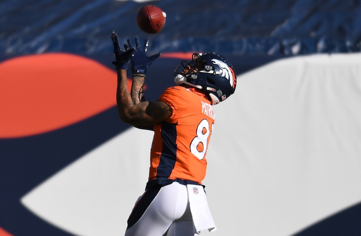 Nov 29, 2020; Denver, Colorado, USA; Denver Broncos wide receiver Tim Patrick (81) warms up before a game against the New Orleans Saints at Empower Field at Mile High.