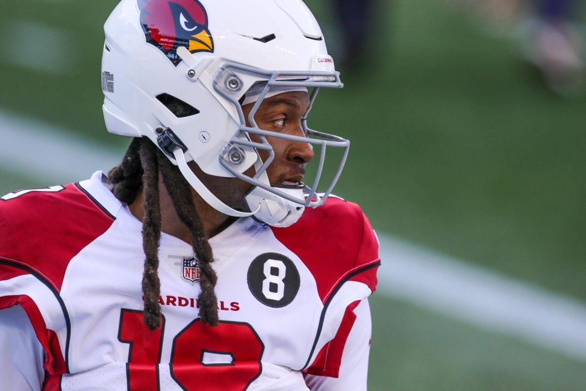 Arizona Cardinals receiver DeAndre Hopkins (10) reacts prior to the game against the New England Patriots at Gillette Stadium.