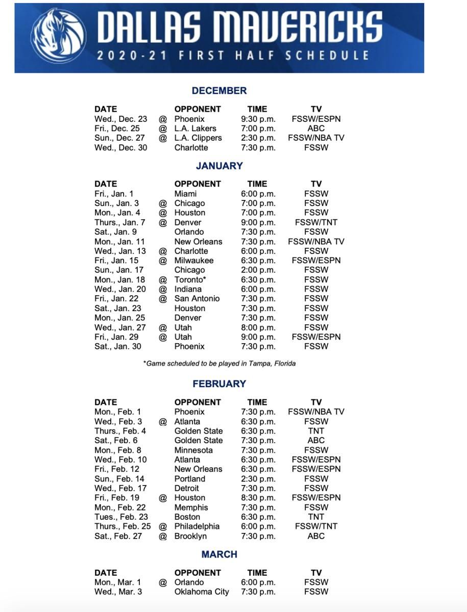 Dallas Mavericks Home Schedule 2021 22 Printable