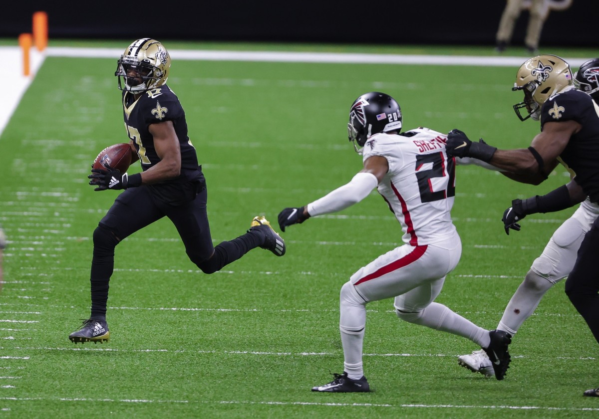 Nov 22, 2020; New Orleans, Louisiana, USA; New Orleans Saints wide receiver Emmanuel Sanders (17) runs after a catch against the Atlanta Falcons during the second half at the Mercedes-Benz Superdome. Mandatory Credit: Derick E. Hingle-USA TODAY