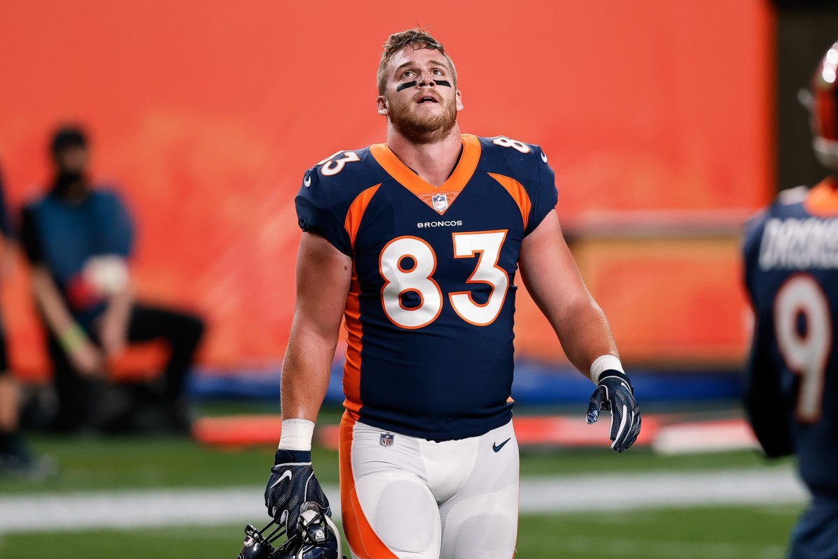 Denver Broncos tight end Andrew Beck (83) before the game against the Tennessee Titans at Empower Field at Mile High.