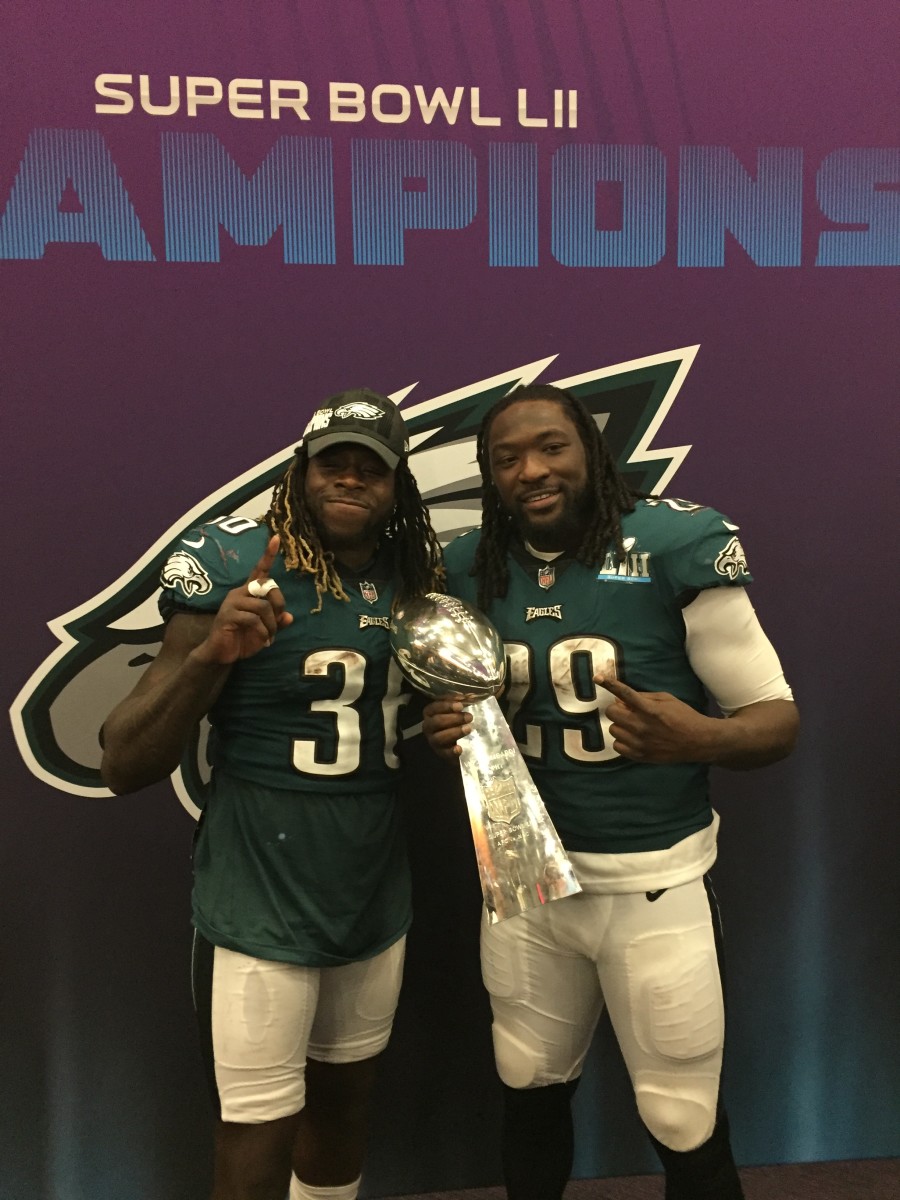 LeGarrette Blunt (right) with Jay Ajayi after Super Bowl LII win