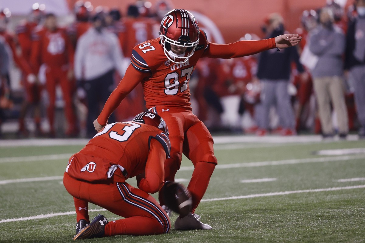 Dec 5, 2020; Salt Lake City, Utah, USA; Utah Utes place kicker Jadon Redding (97) kicks a field goal in the first quarter against the Oregon State Beavers at Rice-Eccles Stadium.