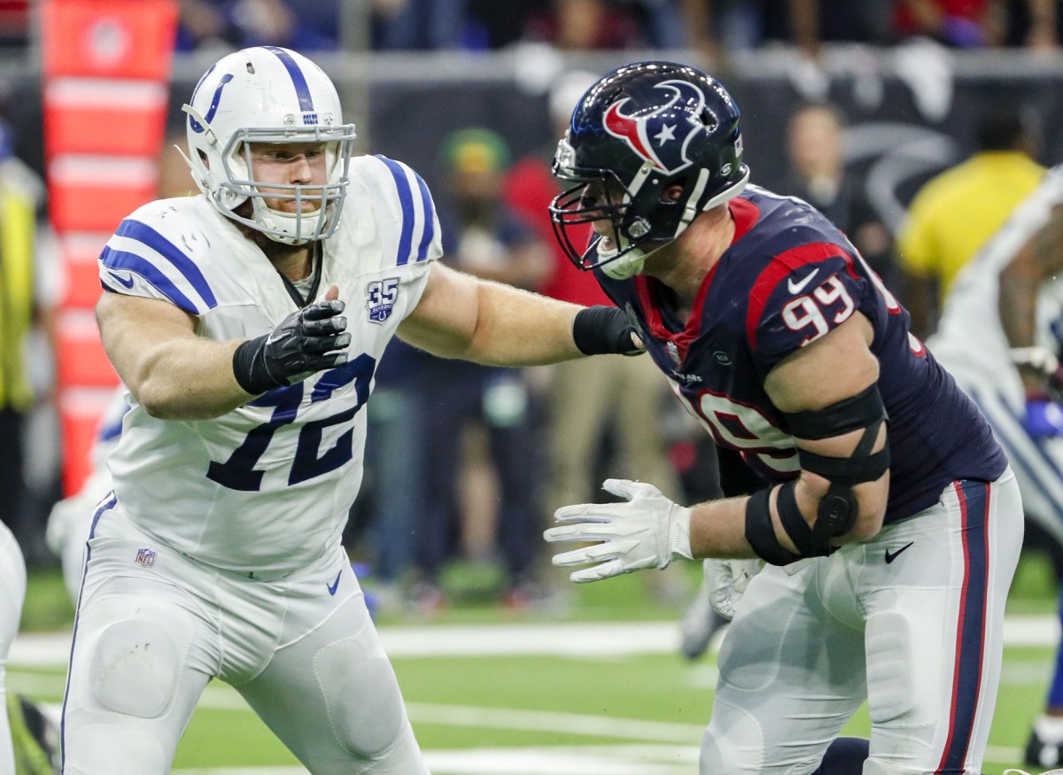 Indianapolis Colts offensive right tackle Braden Smith blocks Houston Texans defensive end J.J. Watt in a 2019 game at NRG Stadium.