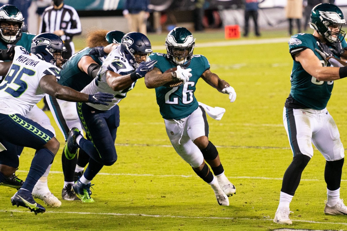 Nov 30, 2020; Philadelphia, Pennsylvania, USA; Philadelphia Eagles running back Miles Sanders (26) in action against the Seattle Seahawks during the second quarter at Lincoln Financial Field. Mandatory Credit: Bill Streicher-USA TODAY 