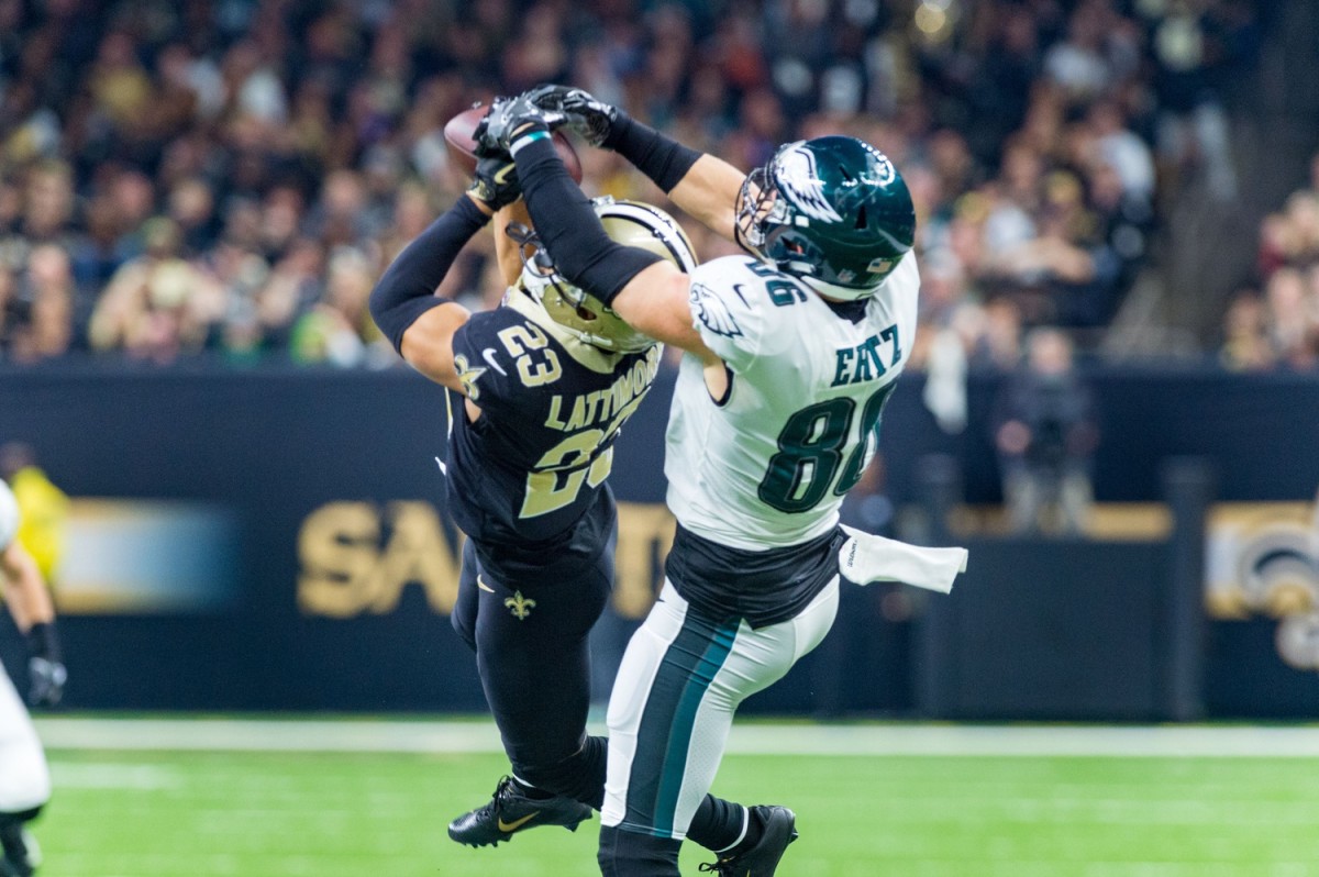 Saints Marshon Lattimore makes an interception during the NFC divisional playoff football game between the New Orleans Saints and the Philadelphia Eagles on Sunday, Jan. 13, 2019 in New Orleans. Sunday, Jan. 13, 2019. CREDIT: USA TODAY 