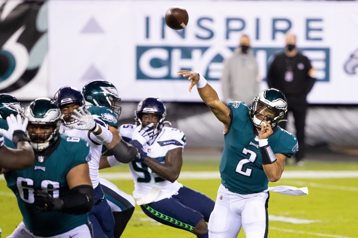 Nov 30, 2020; Philadelphia, Pennsylvania, USA; Philadelphia Eagles quarterback Jalen Hurts (2) in action against the Seattle Seahawks during the second quarter at Lincoln Financial Field. Mandatory Credit: Bill Streicher-USA TODAY 