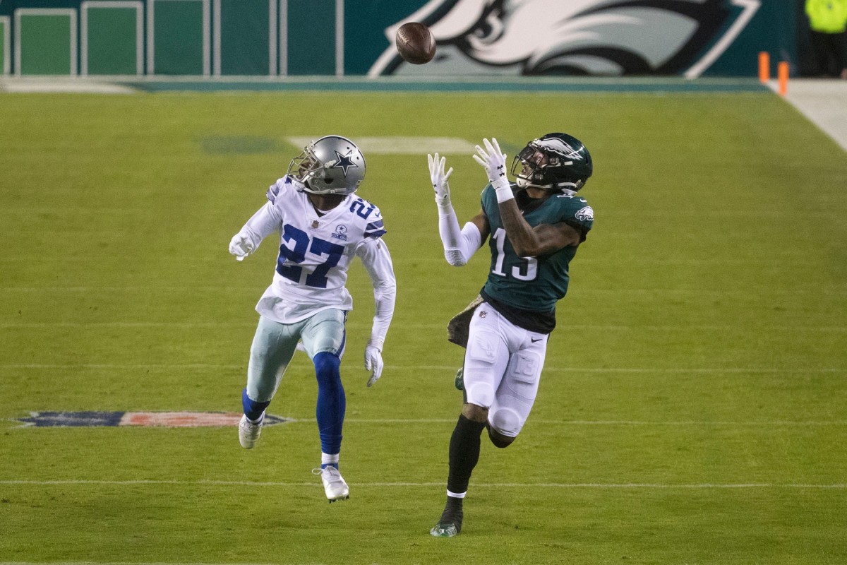 Eagles' Travis Fulgham (13) makes a reception while guarded by Dallas' Trevon Diggs (27) Sunday, Nov. 1, 2020, at Lincoln Financial Field. Sports Eagles Cowboys Credit: USA TODAY 