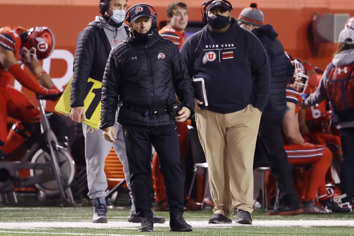 Dec 5, 2020; Salt Lake City, Utah, USA; Utah Utes head coach Kyle Whittingham keeps an eye on the action during their game against the Oregon State Beavers at Rice-Eccles Stadium.