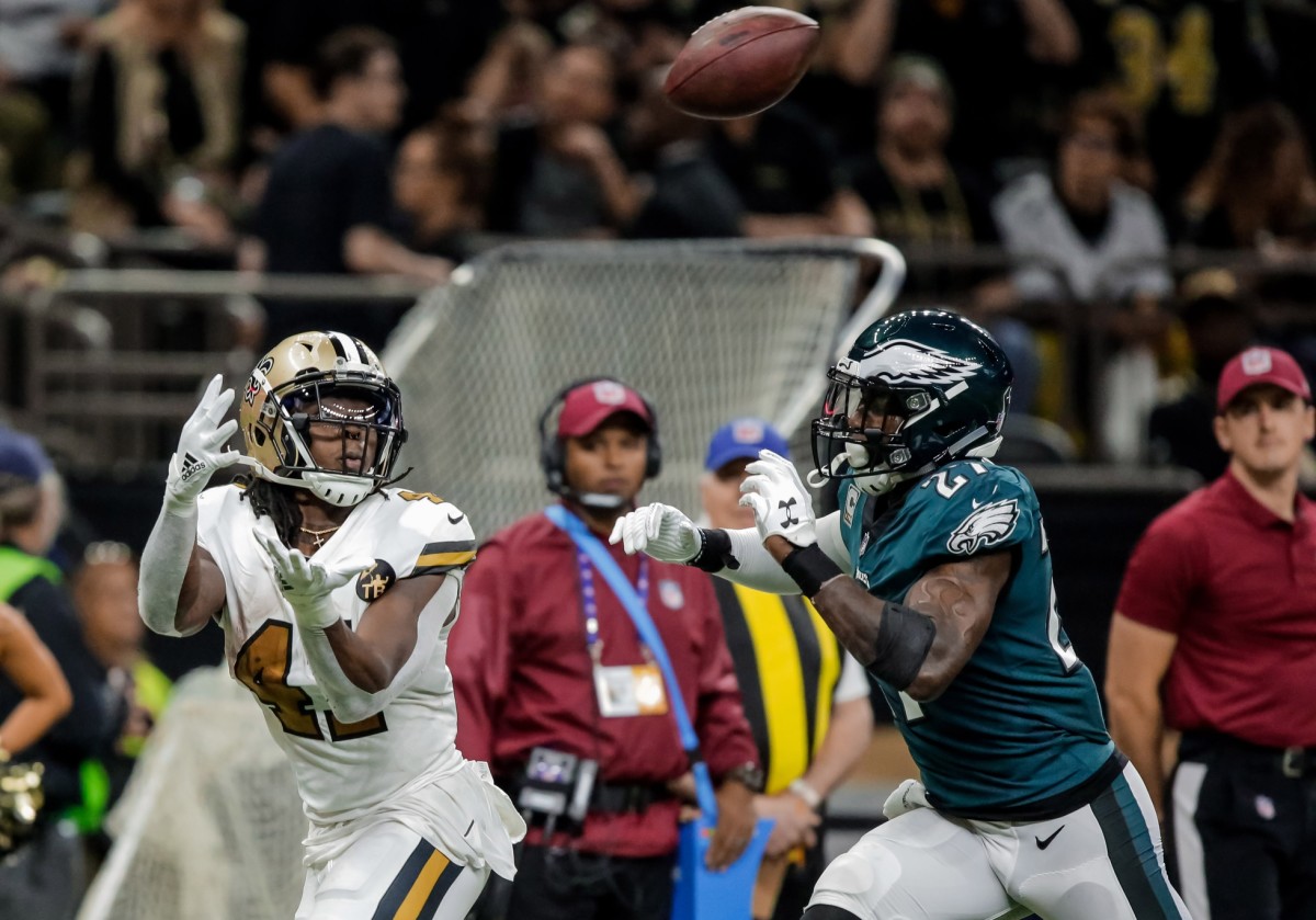 Nov 18, 2018; New Orleans, LA, USA; New Orleans Saints running back Alvin Kamara (41) catches a touchdown over Philadelphia Eagles safety Malcolm Jenkins (27) during the second half at the Mercedes-Benz Superdome. Mandatory Credit: Derick E. Hingle-USA TODAY 