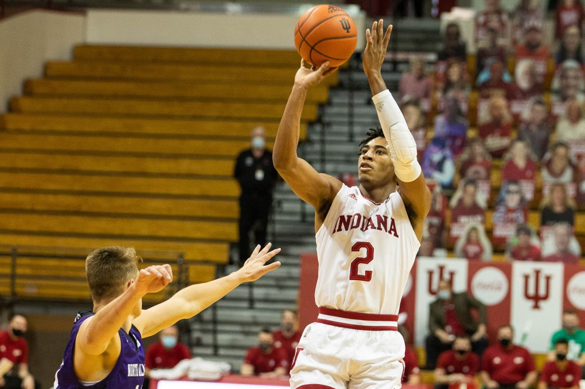 Indiana Hoosiers guard Armaan Franklin (2) shoots the ball while North Alabama Lions forward Payton Youngblood (14) defends in the first half at Simon Skjodt Assembly Hall.