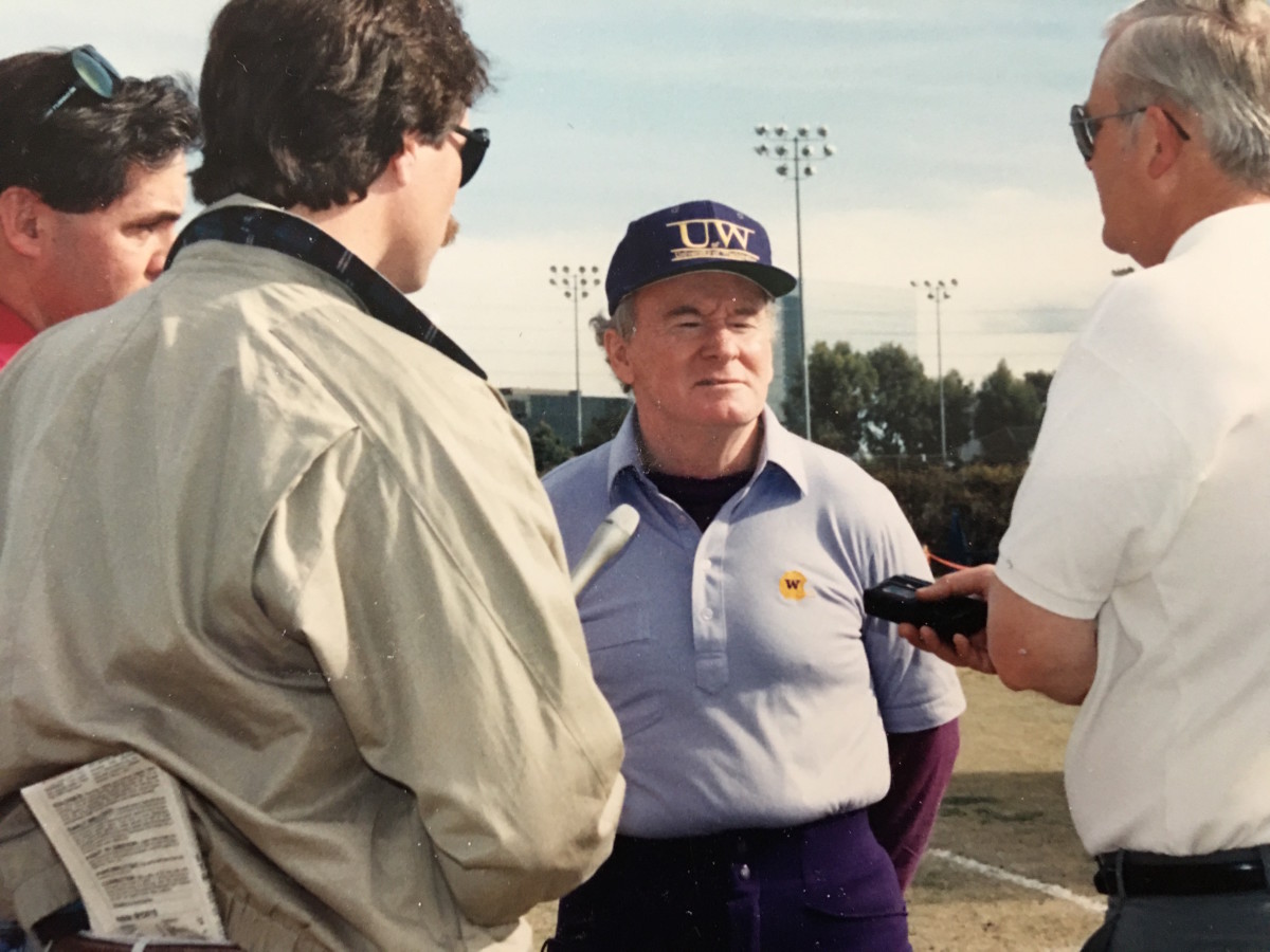 Don James meets with the press at a Rose Bowl practice.
