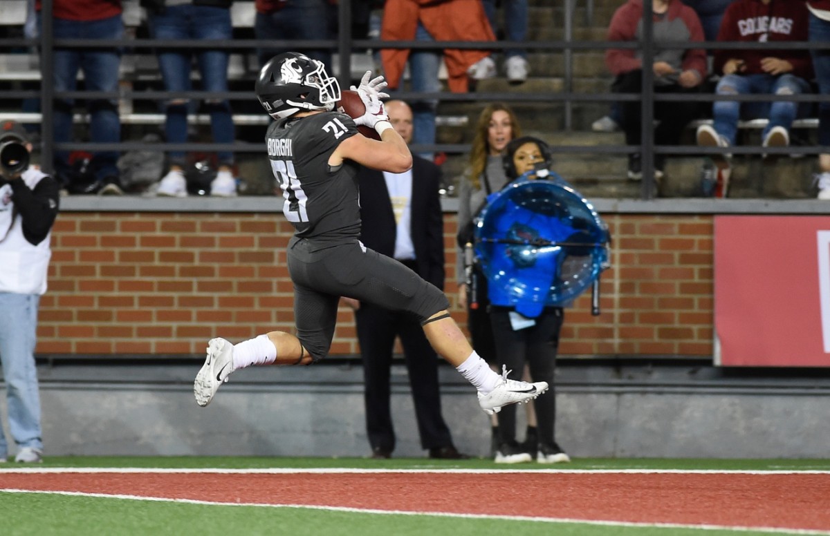 Sep 21, 2019; Pullman, WA, USA; Washington State Cougars running back Max Borghi (21) scores a touchdown during a football game against the UCLA Bruins in the second half at Martin Stadium. Bruins won 67-63.