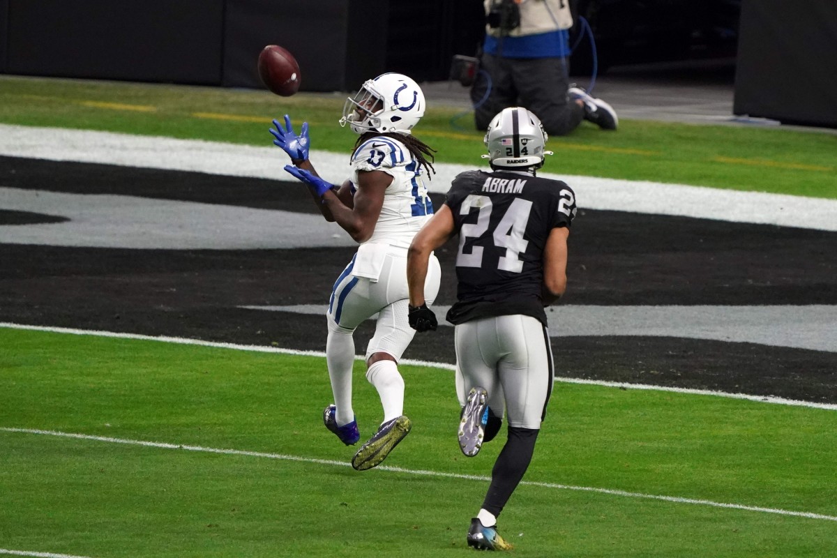 Wide receiver T.Y. Hilton hauls in a 41-yard touchdown pass in the Indianapolis Colts' Sunday win at Las Vegas.