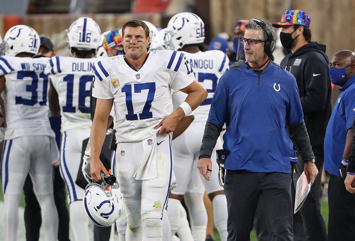 Indianapolis Colts head coach Frank Reich (right) was convinced 17th-year quarterback Philip Rivers (17) was worth the $25-million offseason investment to lead the offense in 2020.