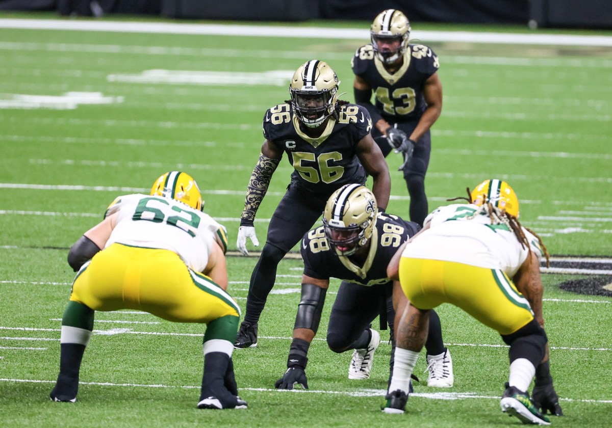 Sep 27, 2020; New Orleans, Louisiana, USA; New Orleans Saints linebacker Demario Davis (56) against the Green Bay Packers during the first quarter at the Mercedes-Benz Superdome. Mandatory Credit: Derick E. Hingle-USA TODAY 