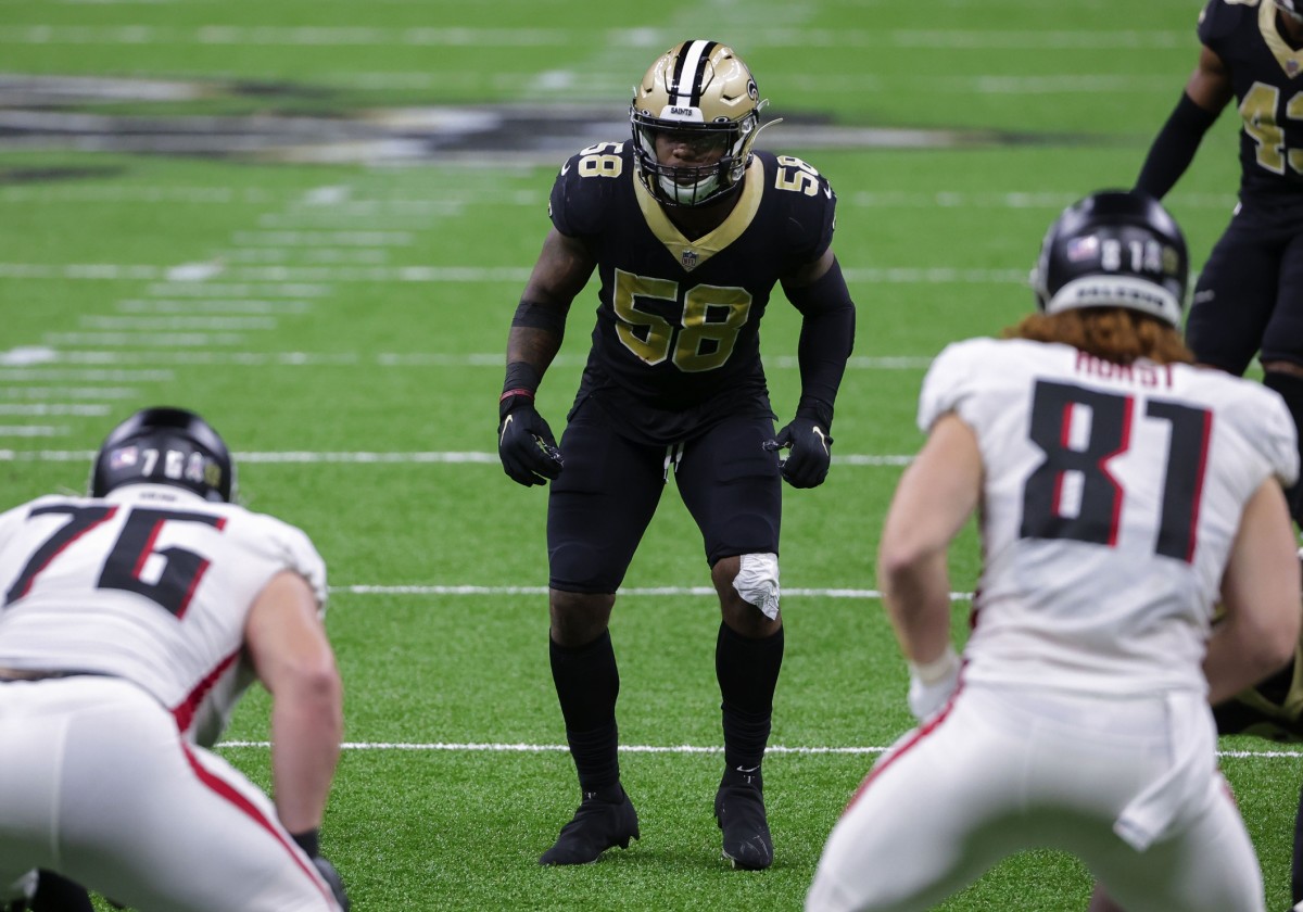 Nov 22, 2020; New Orleans, Louisiana, USA; New Orleans Saints linebacker Kwon Alexander (58) waits for the snap against the Atlanta Falcons during the second half at the Mercedes-Benz Superdome. Mandatory Credit: Derick E. Hingle-USA TODAY Sports