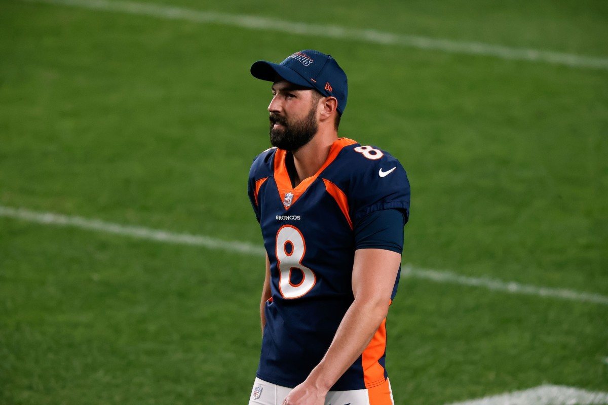 Denver Broncos kicker Brandon McManus (8) before the game against the Tennessee Titans at Empower Field at Mile High.
