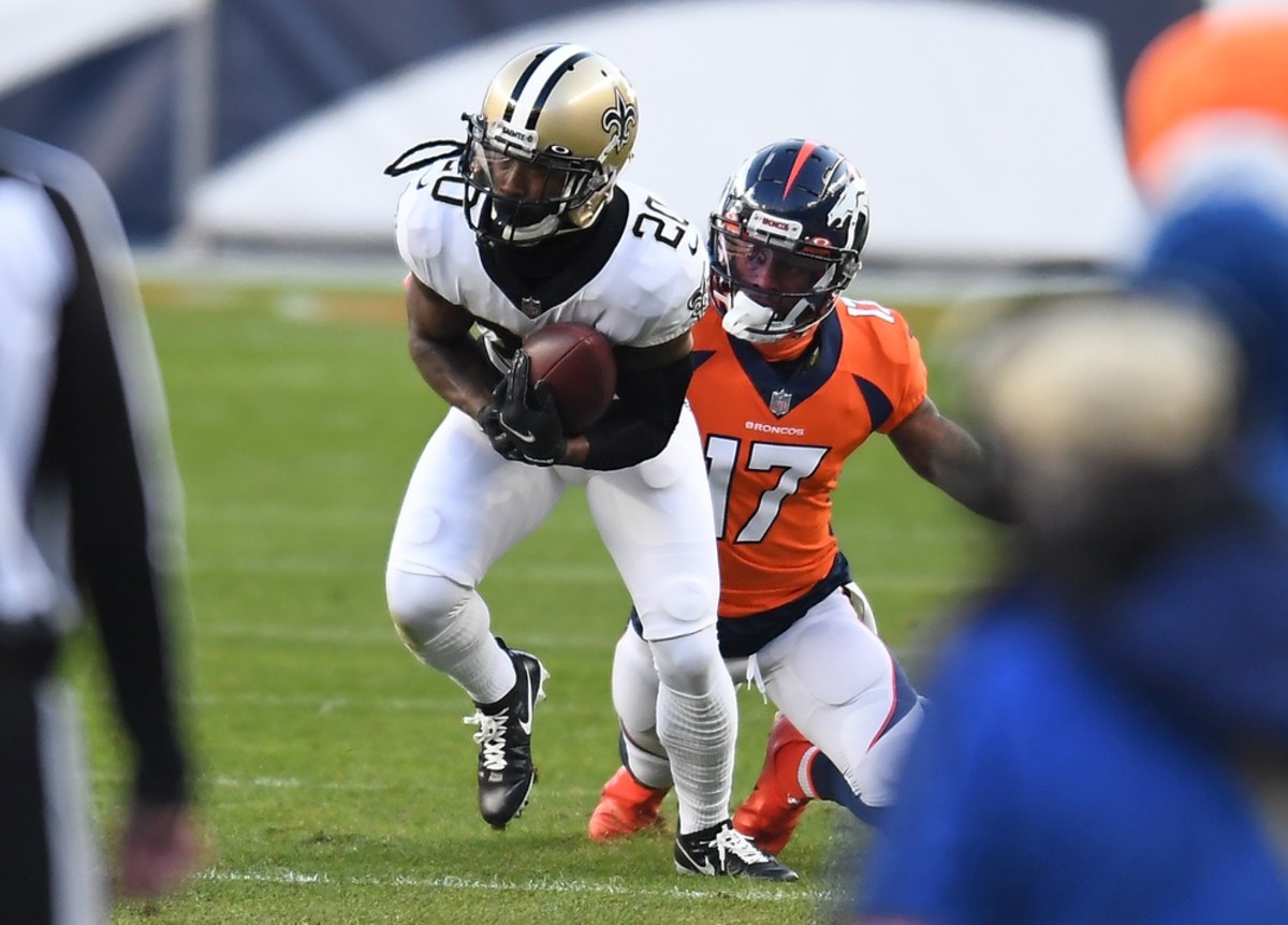 Nov 29, 2020; Denver, Colorado, USA; New Orleans Saints cornerback Janoris Jenkins (20) intercepts a pass intended for Denver Broncos wide receiver DaeSean Hamilton (17) in the second quarter at Empower Field at Mile High. Mandatory Credit: Ron Chenoy-USA TODAY 