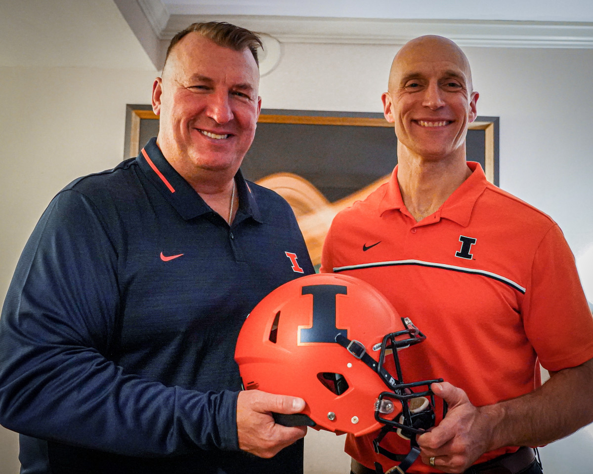 Bret Bielema (left) was introduced by athletics director Josh Whitman (right) as the new head football coach at Illinois on Dec. 19, 2020. 