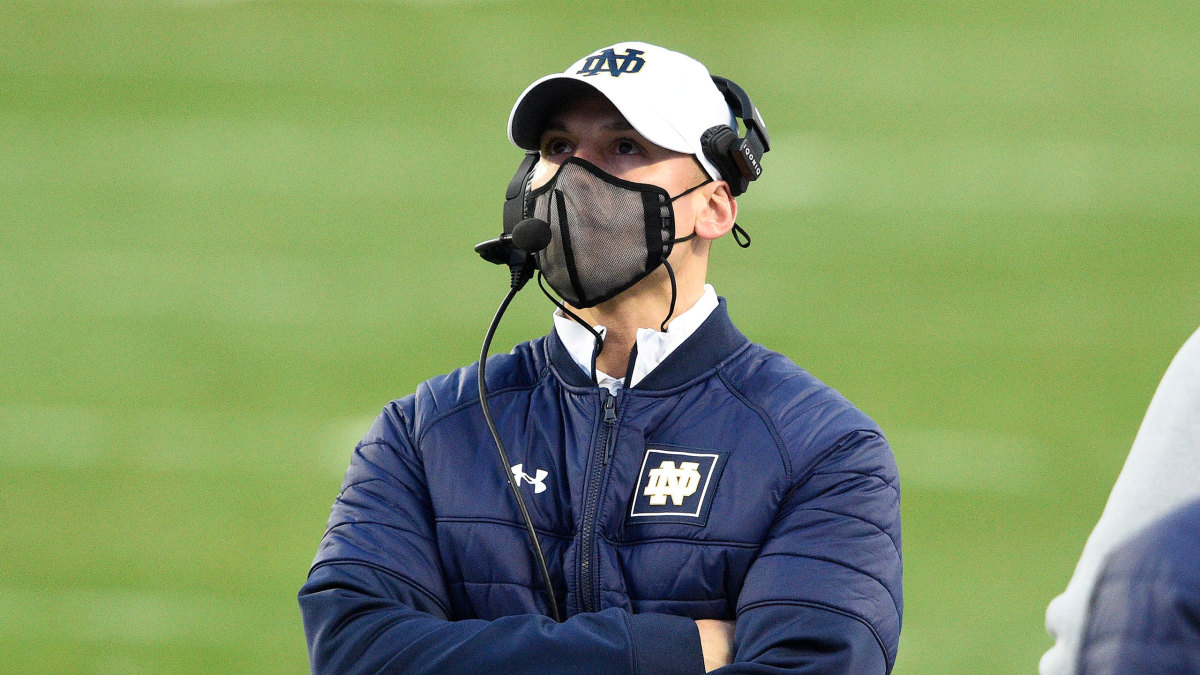 Notre Dame head coach Brian Kelly looks on during a loss to Clemson