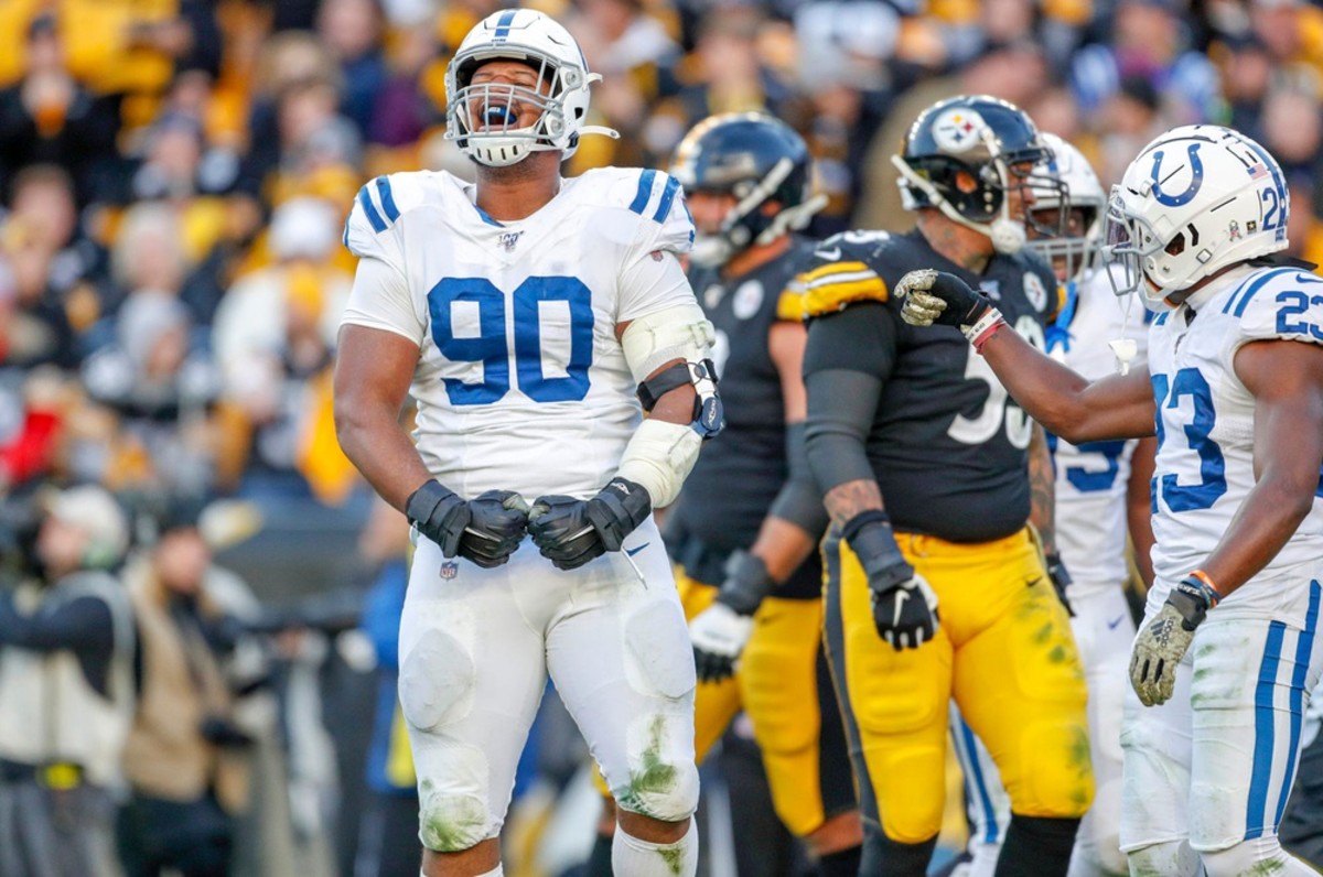 Indianapolis Colts defensive tackle Grover Stewart reacts to a play in a 2019 road loss to the Pittsburgh Steelers. The Colts visit Heinz Field on Sunday.