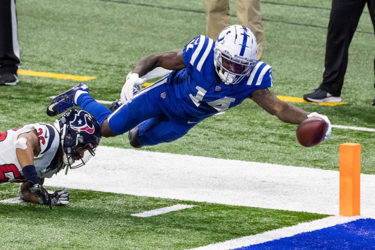 Indianapolis Colts wide receiver Zach Pascal reaches for the scoring pylon to provide the game-winning touchdown in Sunday's 27-20 home win over the Houston Texans.