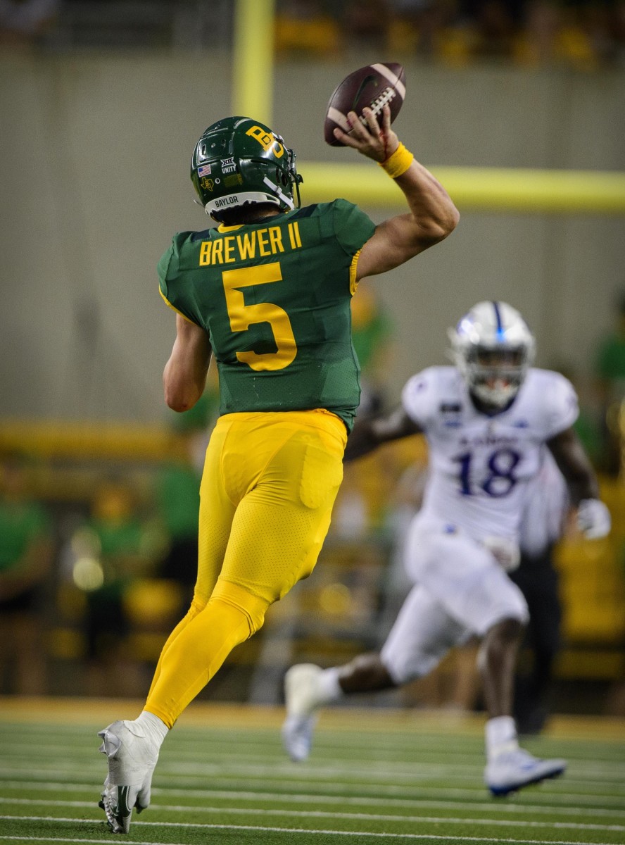 Sep 26, 2020; Waco, Texas, USA; Baylor Bears quarterback Charlie Brewer (5) in action during the game between the Bears and the Jayhawks at McLane Stadium.