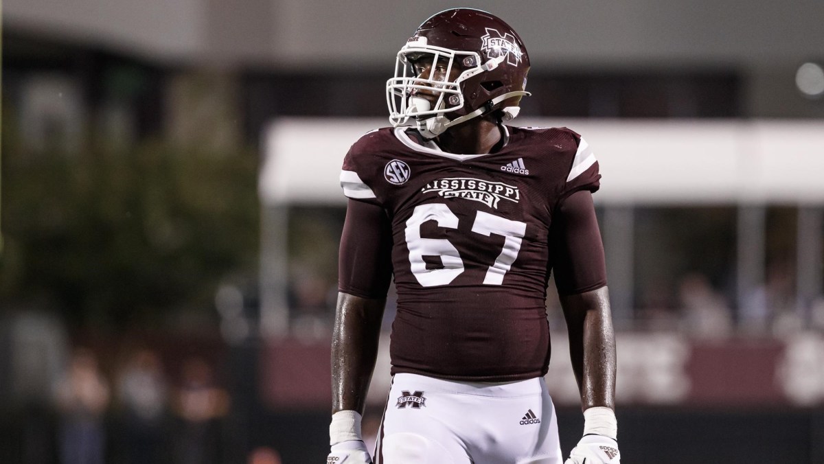 MSU's Charles Cross, No. 67, was picked to the SEC All-Freshman Team by league coaches. (Photo courtesy of Mississippi State athletics)