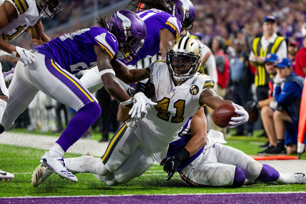 Oct 28, 2018; Minneapolis, MN, USA; New Orleans Saints running back Alvin Kamara (41) reaches for the endzone in the second quarter against Minnesota Vikings at U.S. Bank Stadium. Mandatory Credit: Brad Rempel-USA TODAY Sports