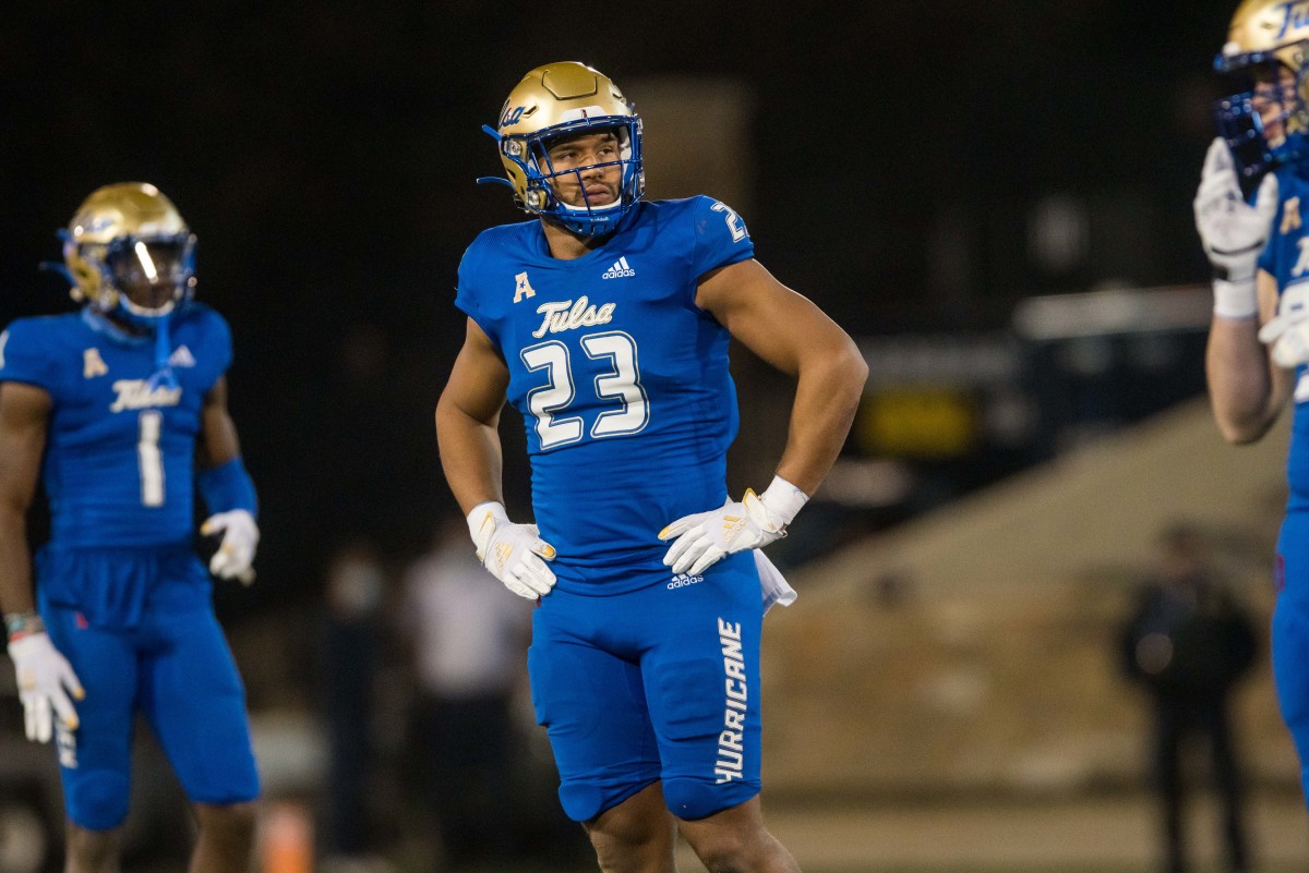 Tulsa star linebacker Zaven Collins has announced he won't play in the Armed Forces Bowl against Mississippi State. (Photo courtesy of Brett Rojo-USA TODAY Sports)
