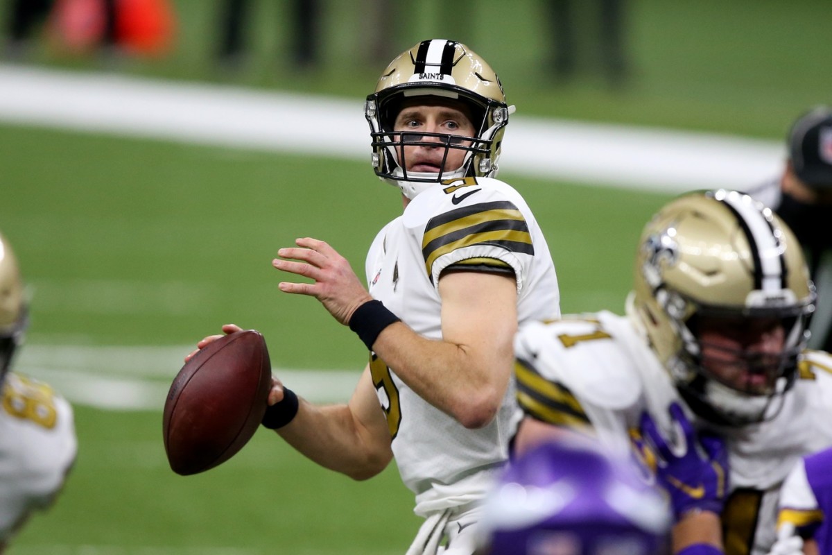 Dec 25, 2020; New Orleans, Louisiana, USA; New Orleans Saints quarterback Drew Brees (9) looks to throw a pass against the Minnesota Vikings in the second quarter at the Mercedes-Benz Superdome. Mandatory Credit: Chuck Cook-USA TODAY 