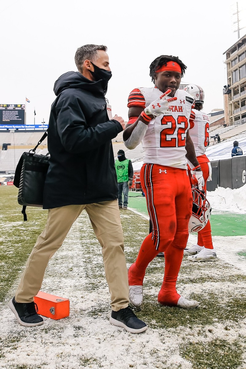 Dec 12, 2020; Boulder, Colorado, USA; Utah Utes running back Ty Jordan (22) reacts after the game against the Colorado Buffaloes at Folsom Field