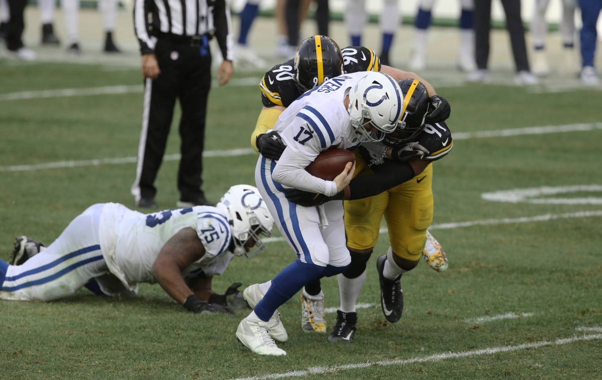 Indianapolis Colts quarterback Philip Rivers takes one of five sacks in a 28-24 road loss Sunday to the Pittsburgh Steelers at Heinz Field.