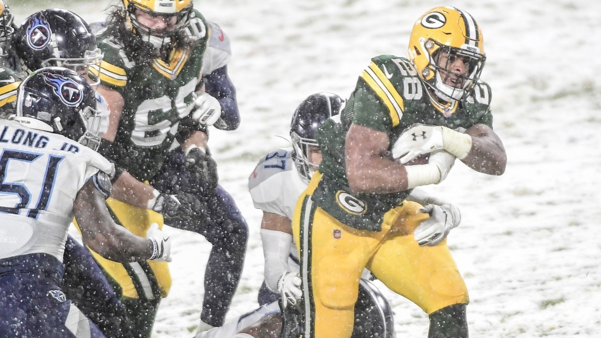 AJ Dillon: Packers RB scores, Lambeau Leap woodwinds