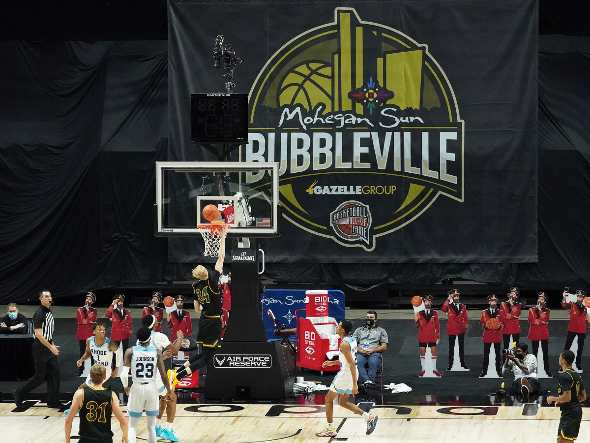 A view of the 'Bubbleville' logo above the court at Mohegan Sun