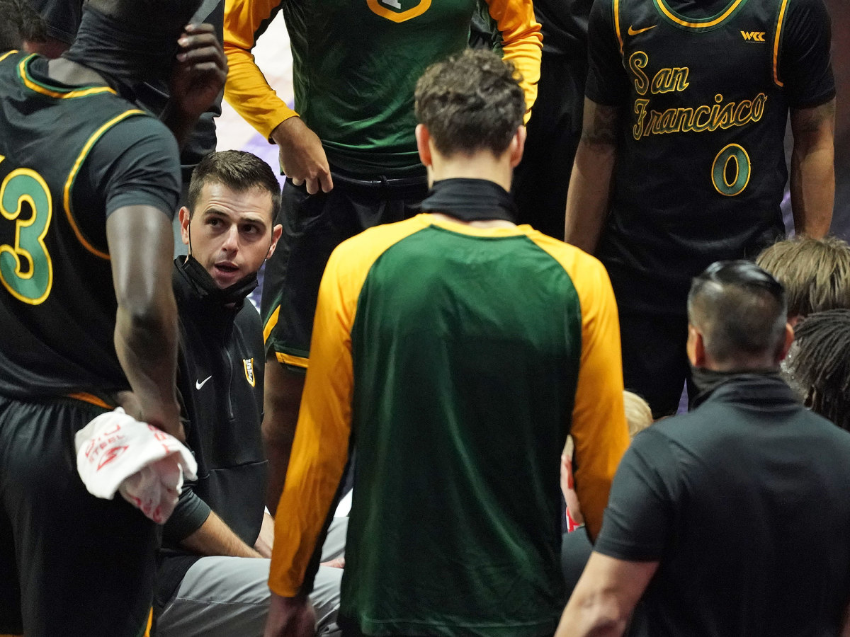 San Francisco coach Todd Golden talks to his team