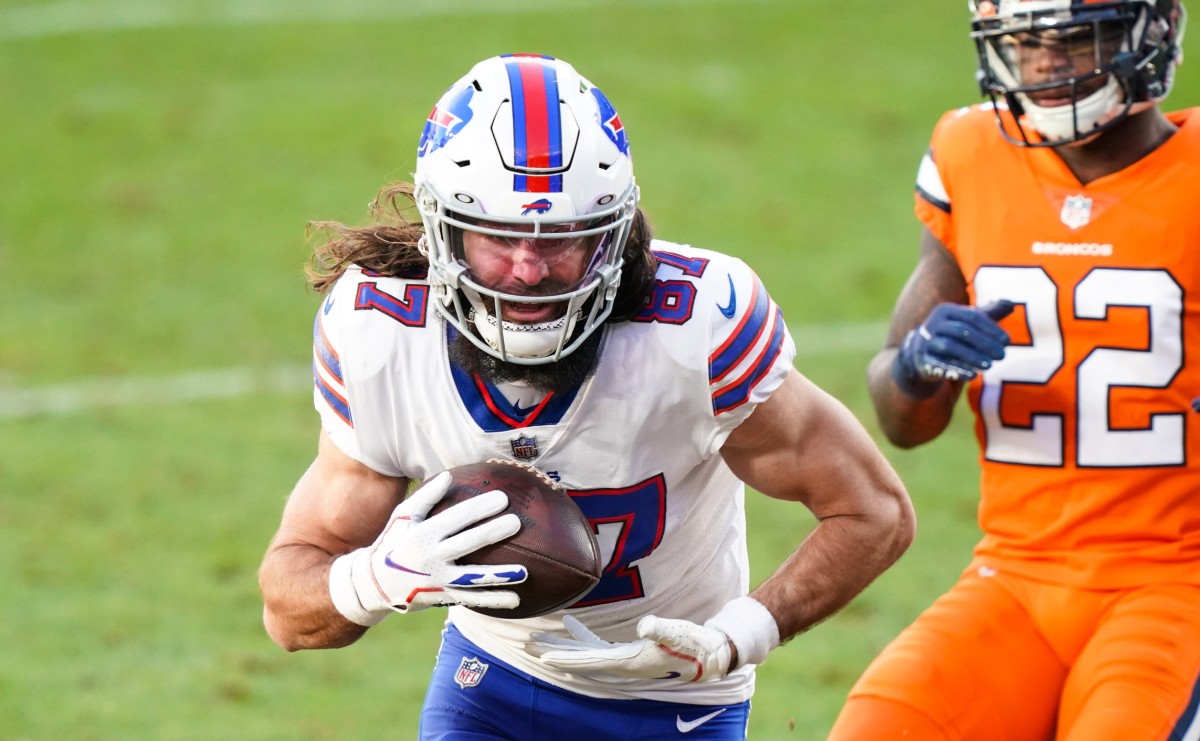 Dec 19, 2020; Denver, Colorado, USA; Buffalo Bills wide receiver Jake Kumerow (87) scores a touchdown against the Denver Broncos during the second quarter at Empower Field at Mile High. Mandatory Credit: Troy Babbitt-USA TODAY 